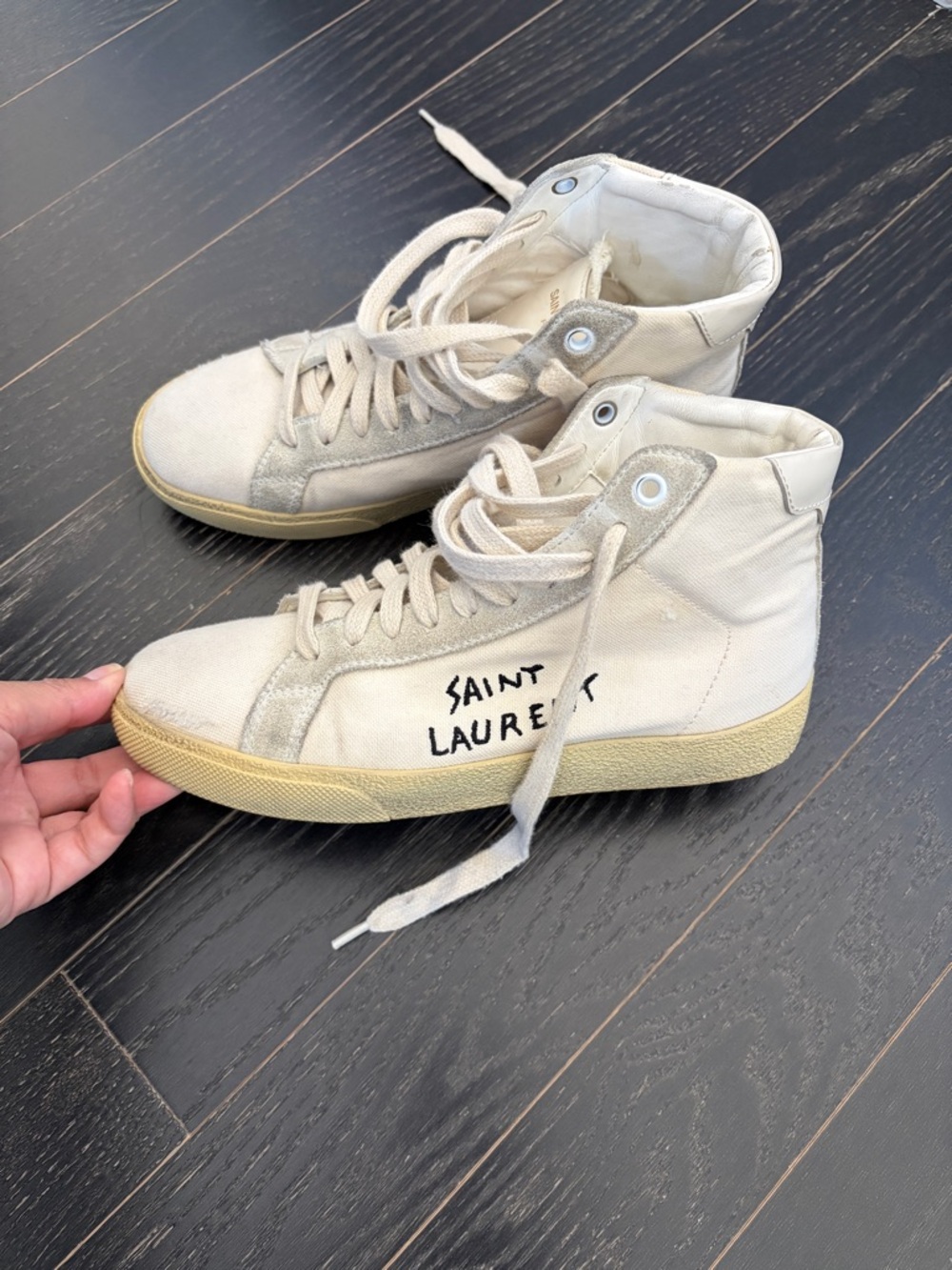 Saint Laurent Off-White/Beige High-Top Sneakers with Handwritten Logo